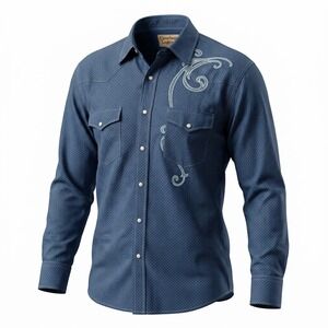 Cowboy Legend Western Shirt Mens Large Blue Embroidered Pearl Snap Cotton